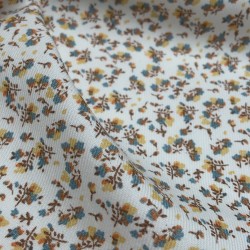 Flanella di cotone Bio, Bianco, Fiori Turchesi e Senape