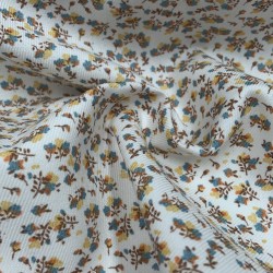 Flanella di cotone Bio, Bianco, Fiori Turchesi e Senape