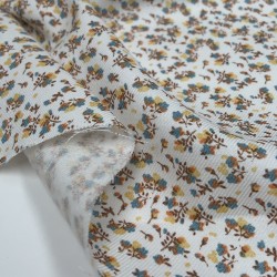 Flanella di cotone Bio, Bianco, Fiori Turchesi e Senape