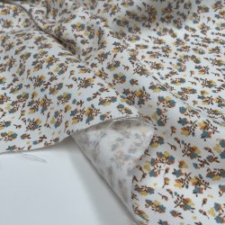 Flanella di cotone Bio, Bianco, Fiori Turchesi e Senape