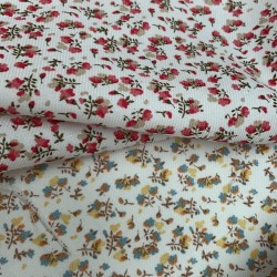 Flanella di cotone Bio, Bianco, Fiori Turchesi e Senape