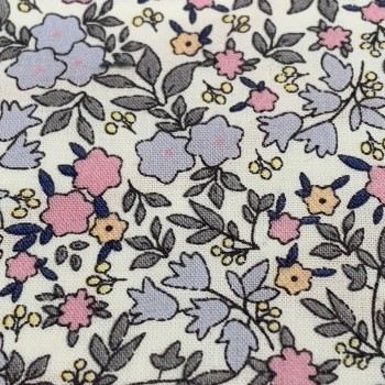 Voile di cotone Bio, Bianco con Fiori Celesti,Rosa e Gialli 2