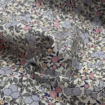 Voile di cotone Bio, Bianco con Fiori Celesti,Rosa e Gialli